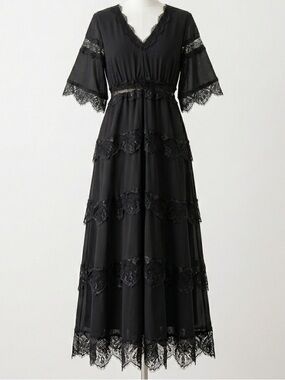 Black Lace Tiered Chiffon Maxi Dress Romantic Goth Witchy Dark Western Size L